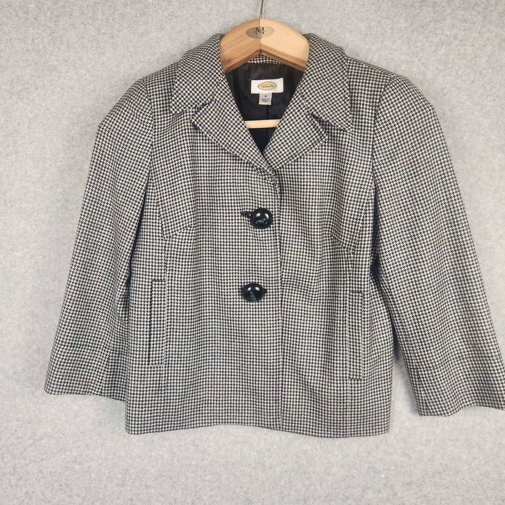 Vtg Talbots Blazer Womens Size 8 Black White Houndstooth Suit Coat Wool Blend